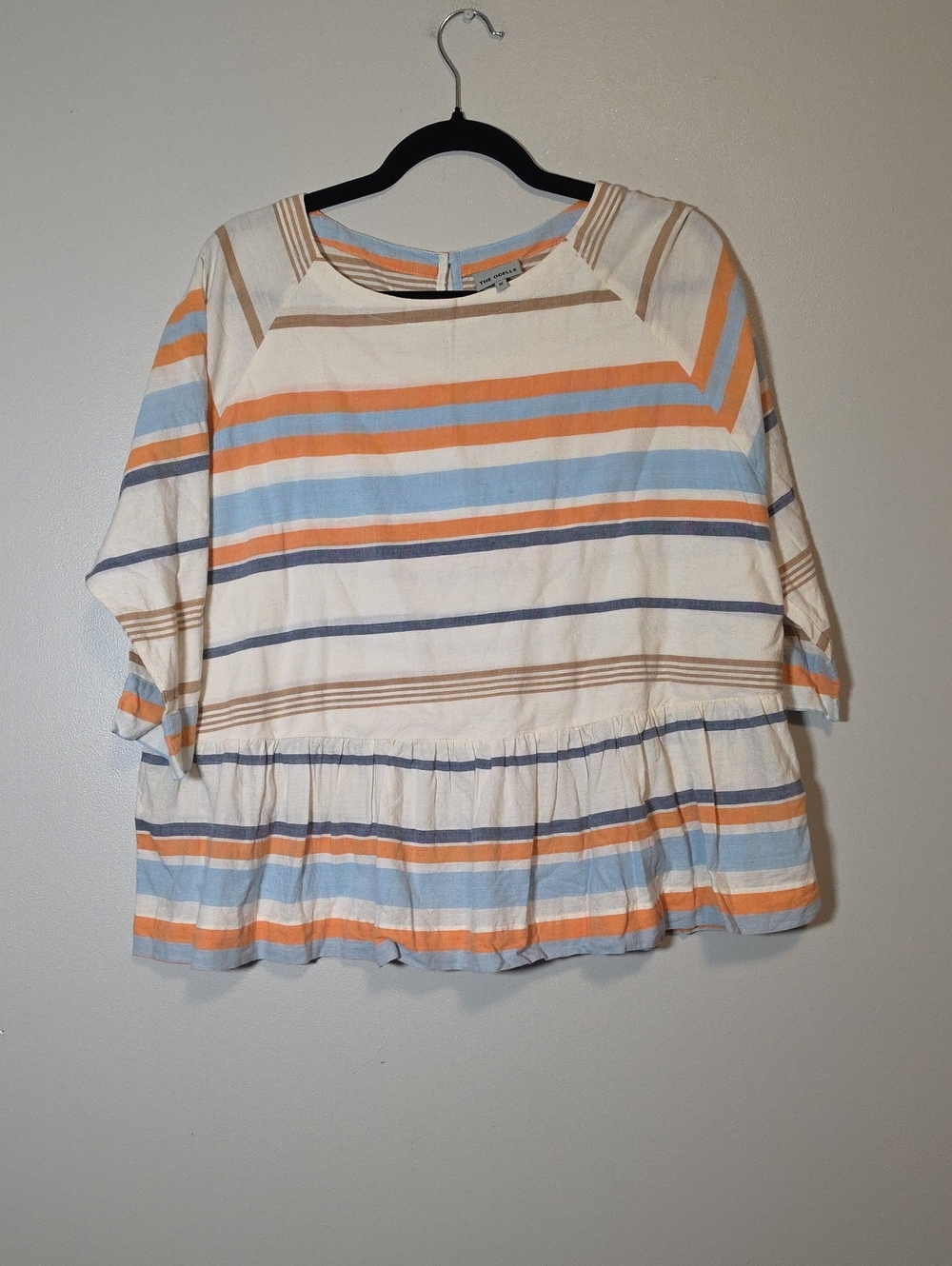 The Odells Striped Peplum Top in Cream, Orange & Light Blue Runs Large